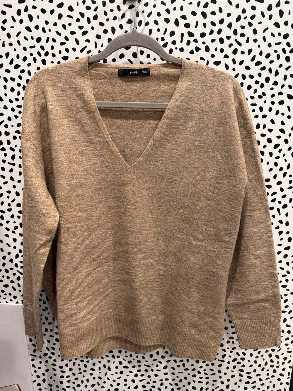 Mango Womens Tan V-Neck Knit Sweater S Y2K Preppy Classic Minimal
